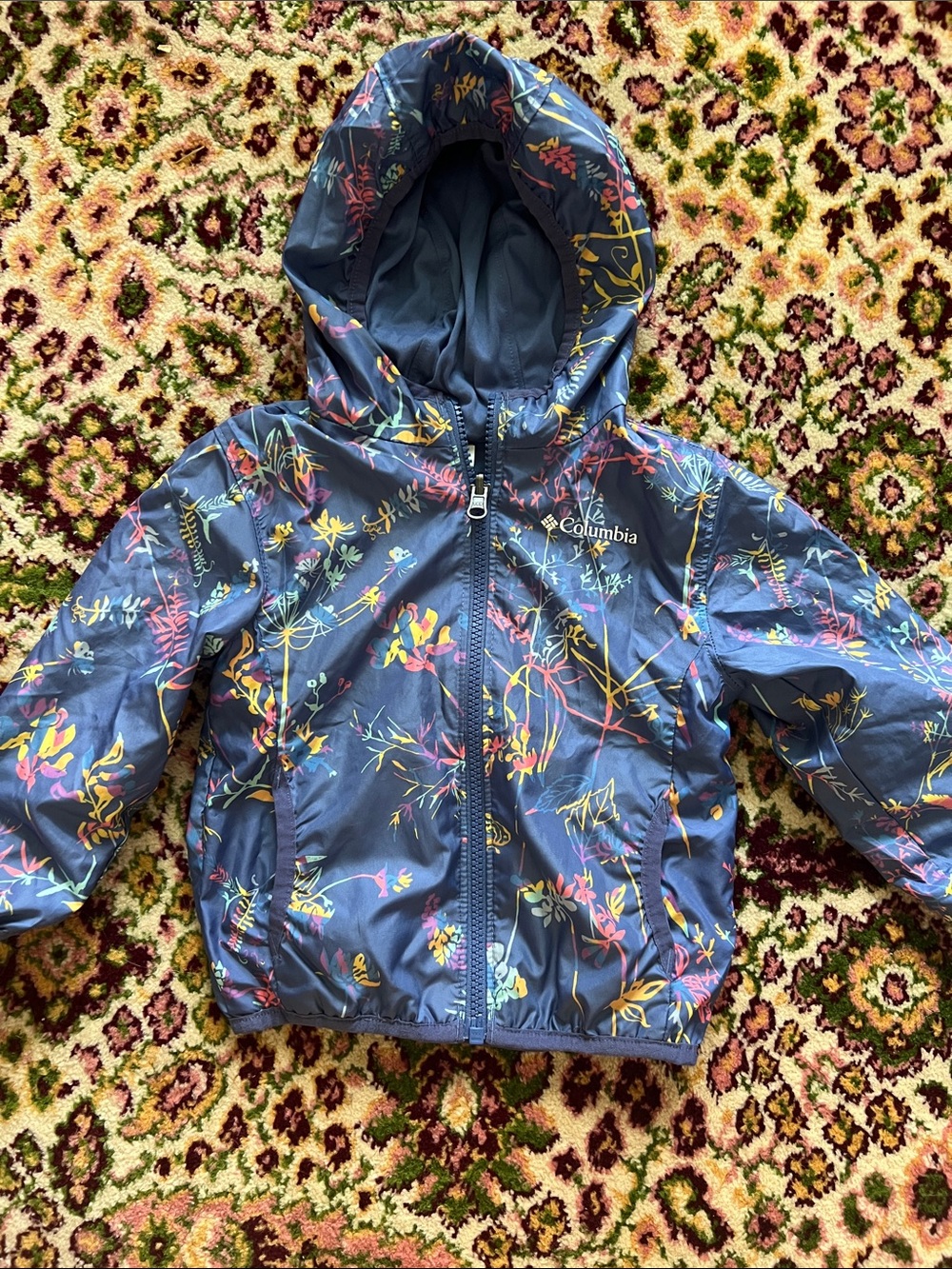 Reversible Size 2T Columbia Kids Blue Floral Hooded Rain Jacket